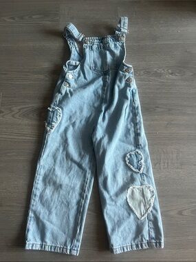 Zara Light Blue Denim Overalls with Heart Accents
